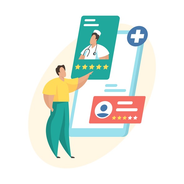 Doctors rating and review. Online medical consultation. Patient evaluating doctor ranking. Flat vector illustration